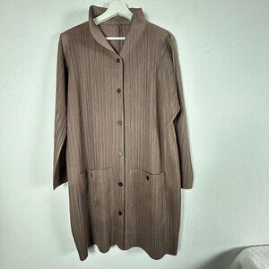 Womens Brown Textured Pleated Coat Dress Size 11C Patch Pockets Made In Korea